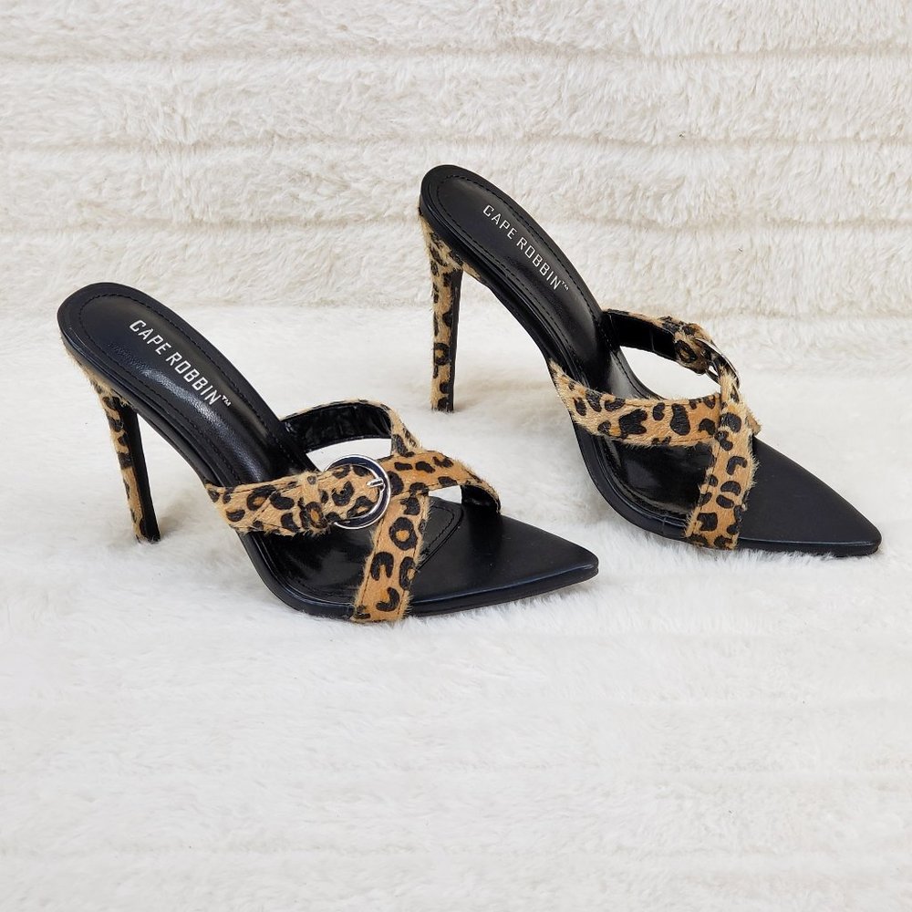 Ferocious Pointy Toe Slip On 4.5" Heel Clog Slides Faux Leopard Cros Strap